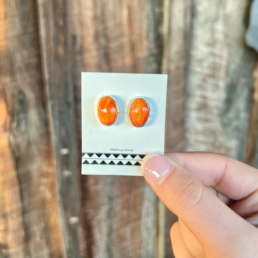Genuine Orange Spiny Oyster Sterling Silver Oval Earring Studs