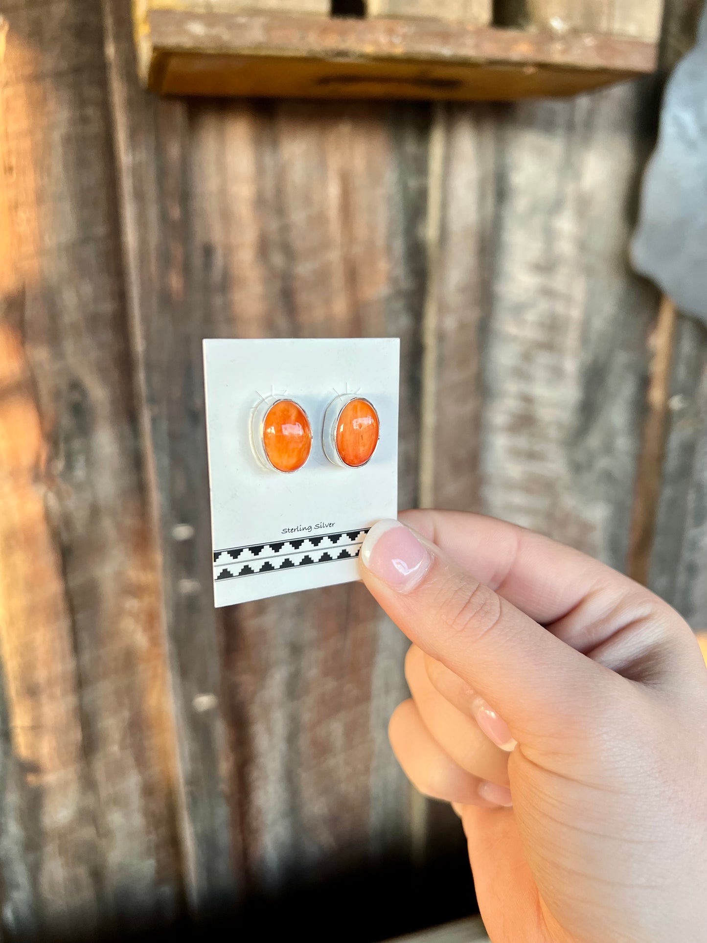 Genuine Orange Spiny Oyster Sterling Silver Oval Earring Studs