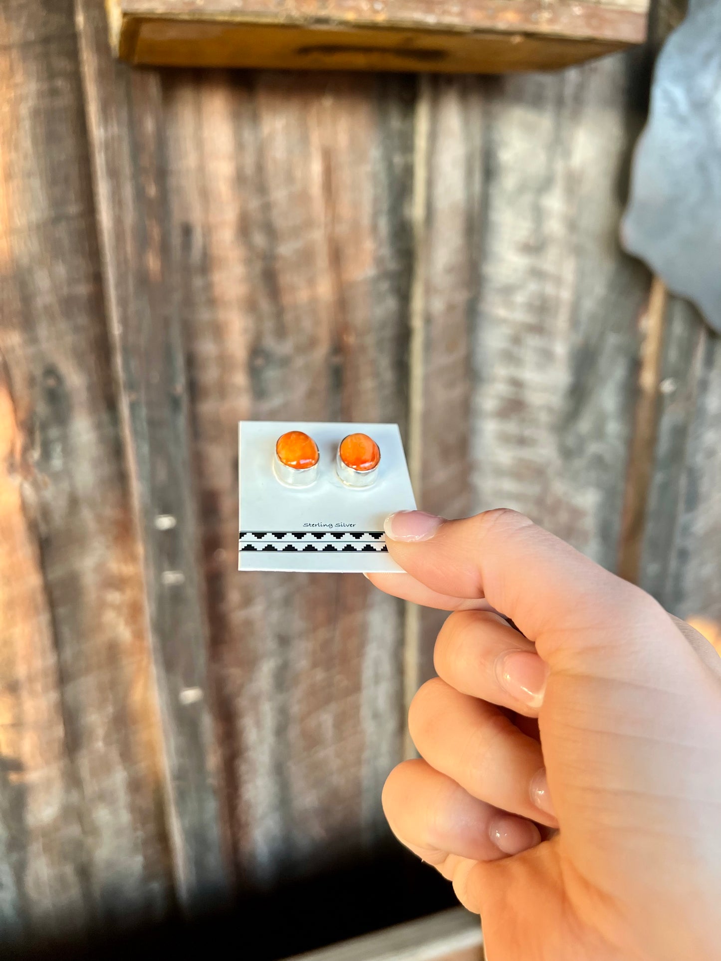 Genuine Orange Spiny Oyster Sterling Silver Oval Earring Studs