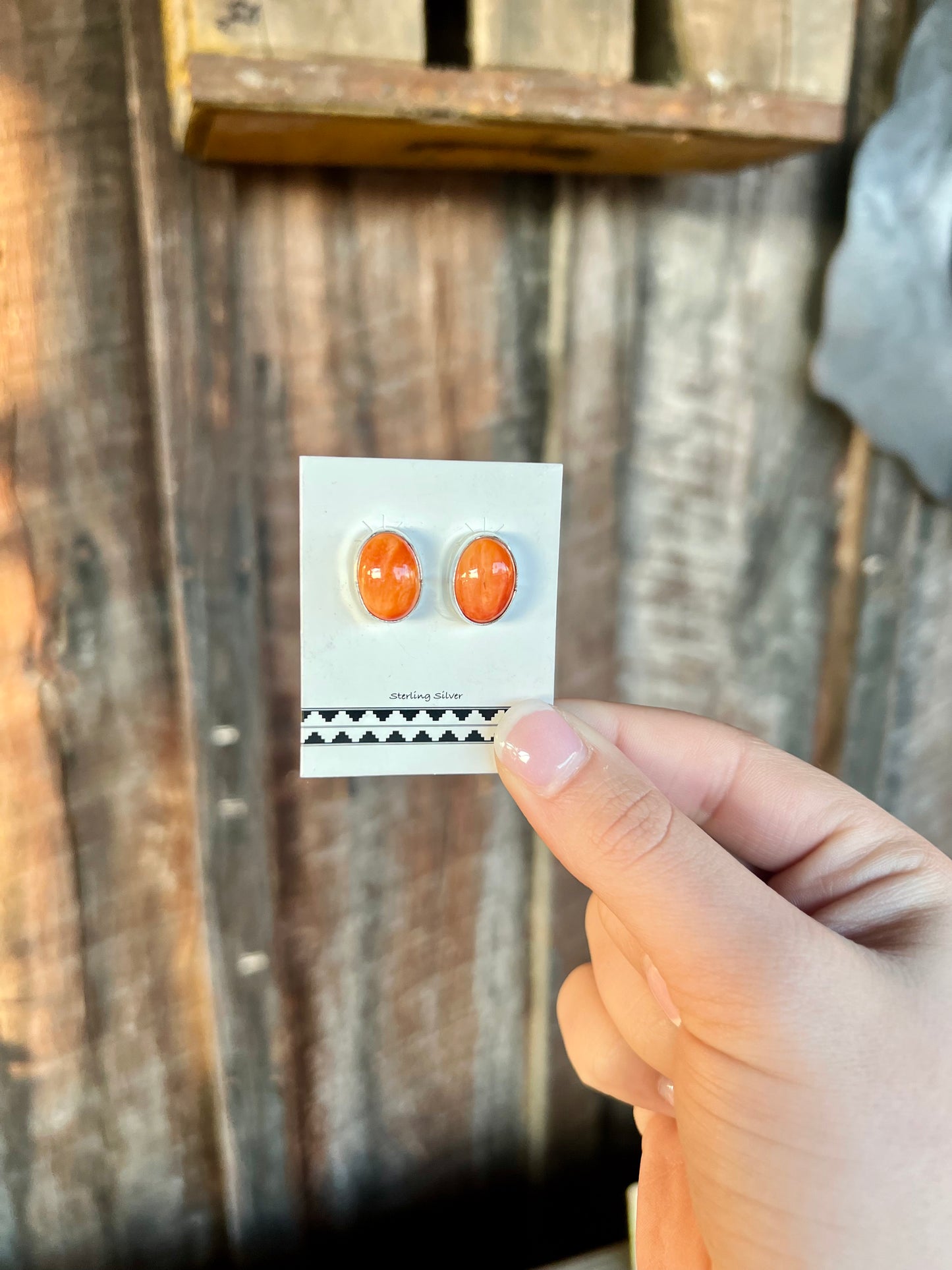 Genuine Orange Spiny Oyster Sterling Silver Oval Earring Studs