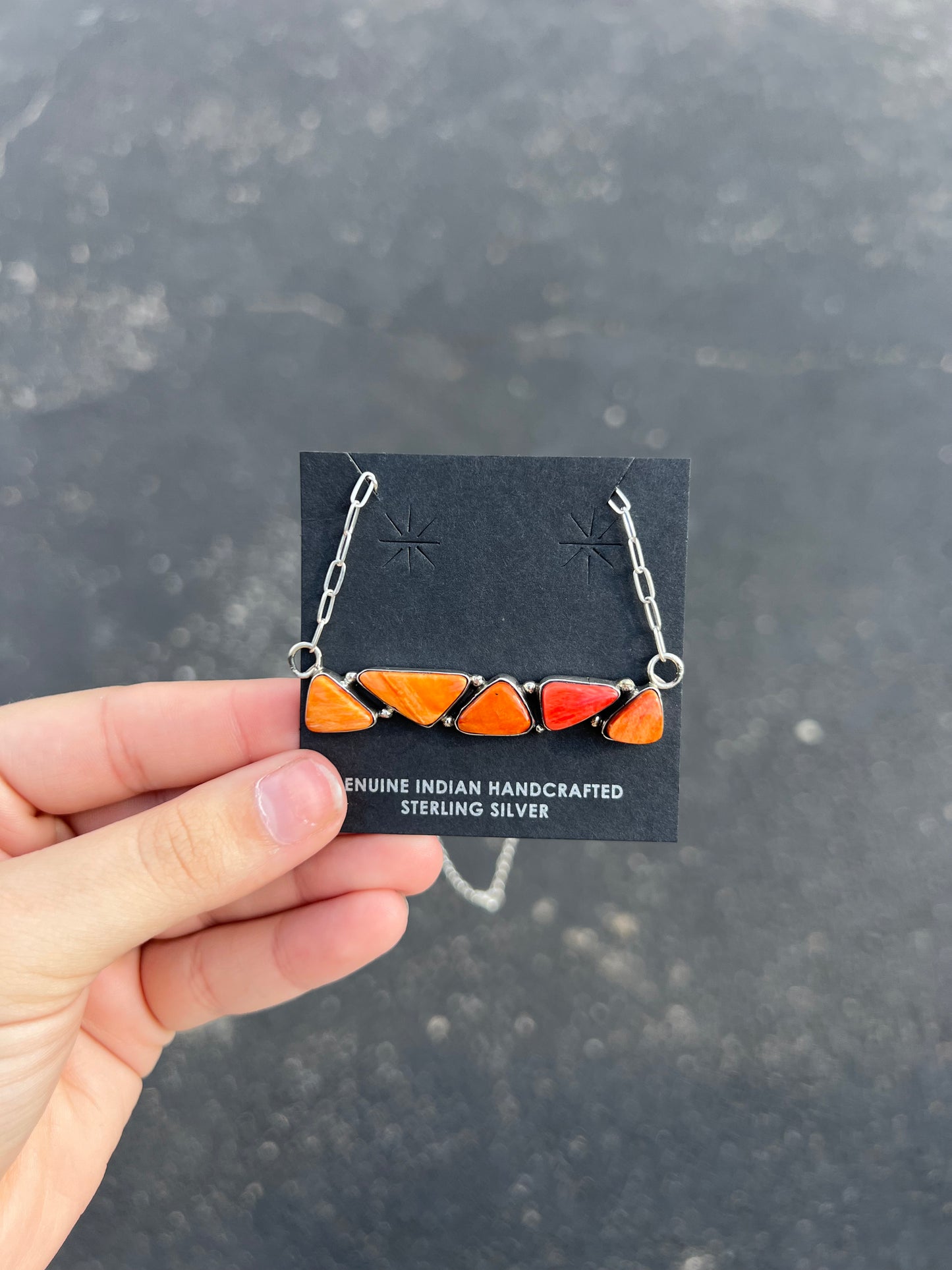 Genuine Orange and Red Spiny Oyster 5 Stone Bar Necklace