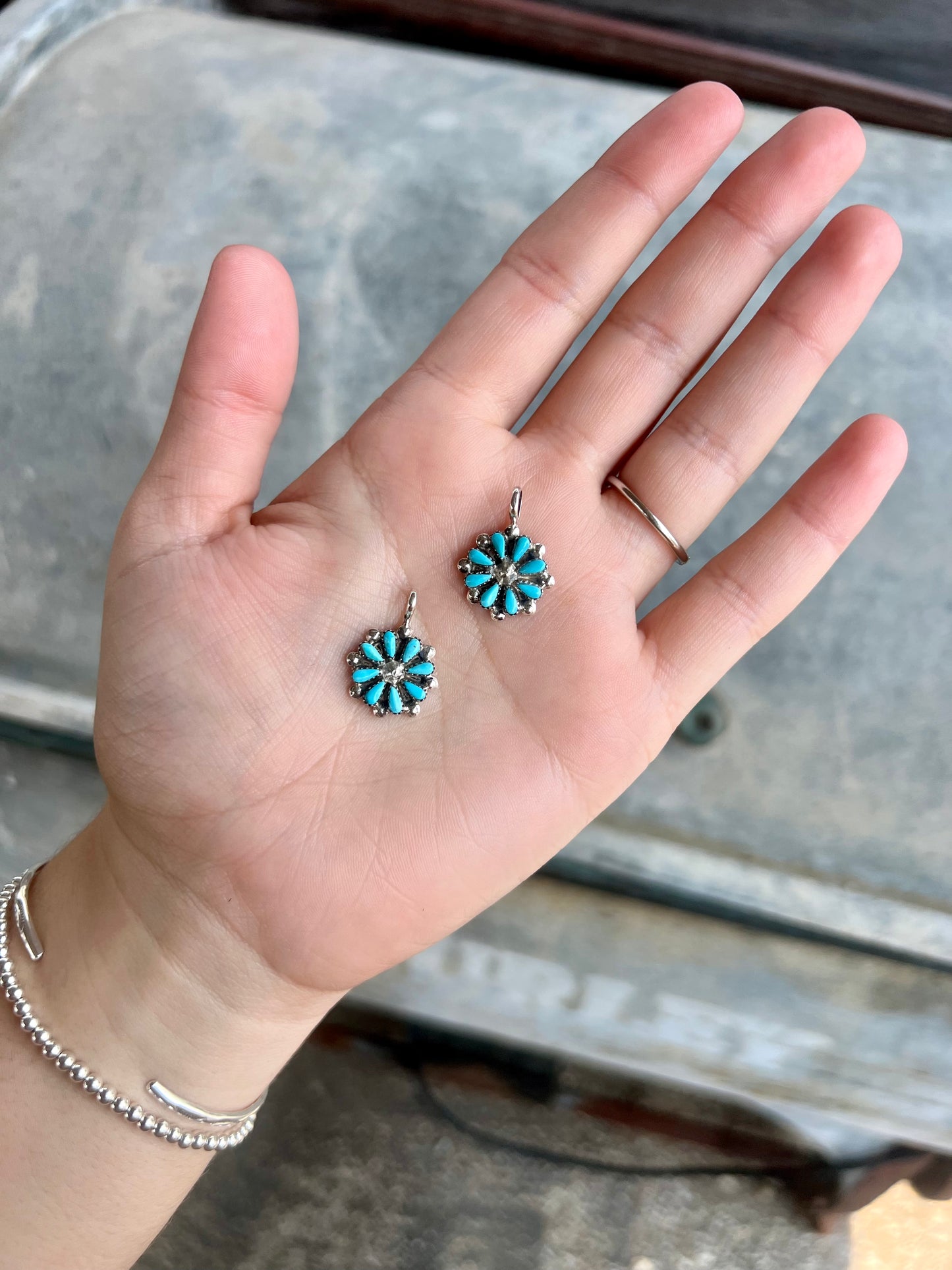Genuine Turquoise Sterling Silver Petti Point Flower Cluster Pendant