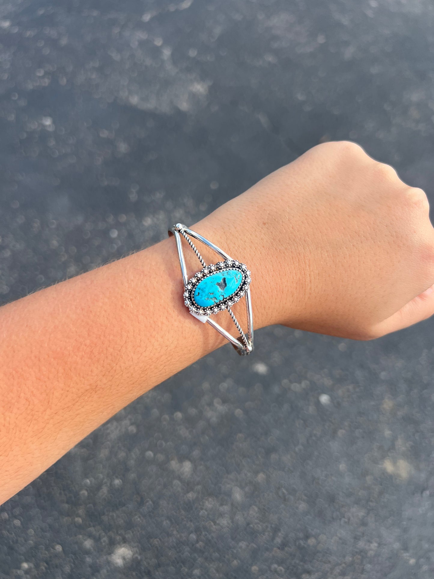 Genuine Kingman Turquoise Berry Border Sterling Silver Cuff Bracelet