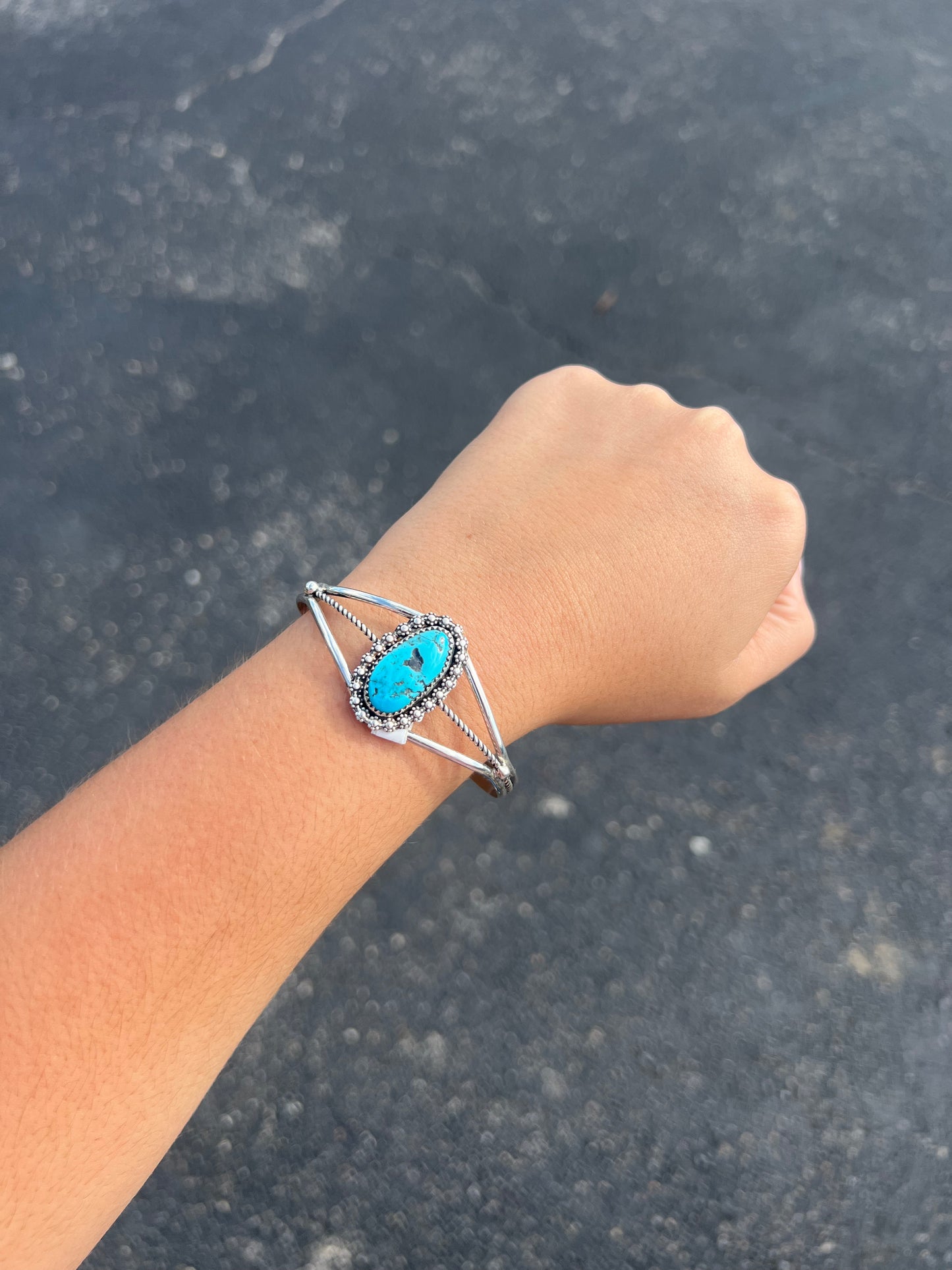 Genuine Kingman Turquoise Berry Border Sterling Silver Cuff Bracelet