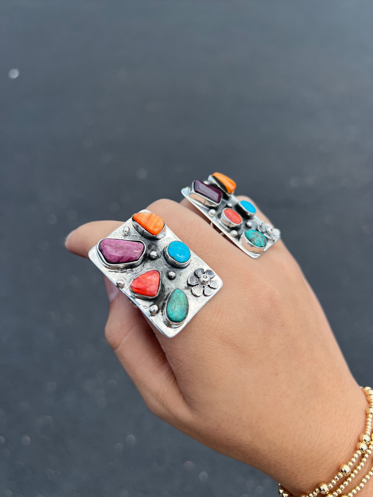 Multi Stone Spiny Oyster and Turquoise Rectangle Statement Ring