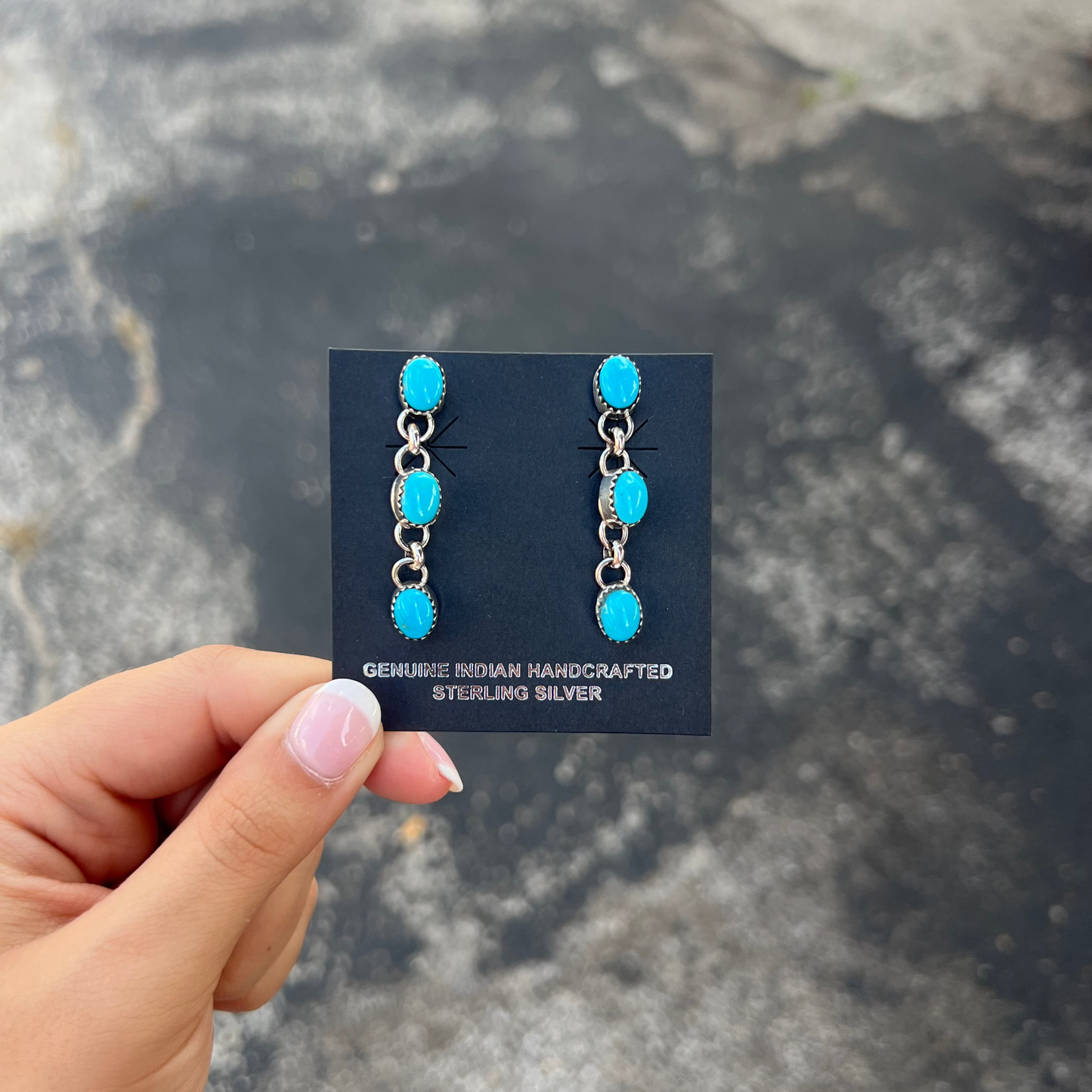 Genuine Turquoise 3 Stone Sleeping Beauty Sterling Silver Dangle Link Earrings