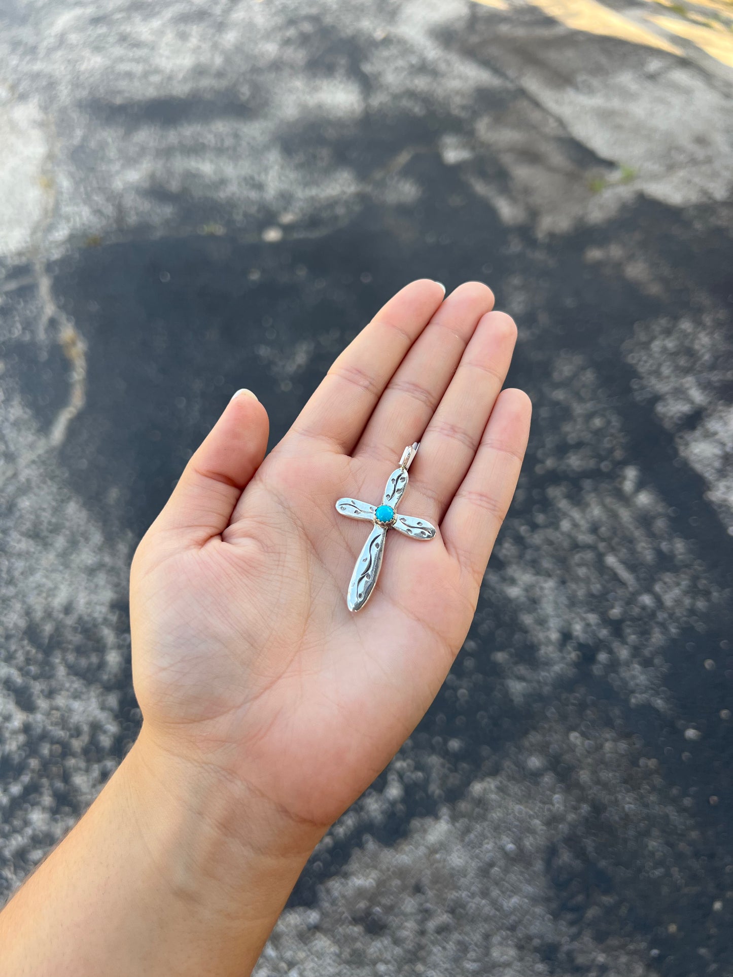 Genuine Turquoise Vine Stamped Sterling Silver Cross Pendant