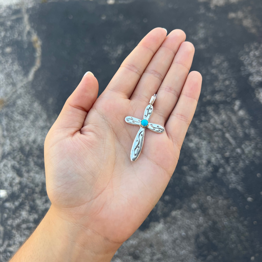 Genuine Turquoise Vine Stamped Sterling Silver Cross Pendant