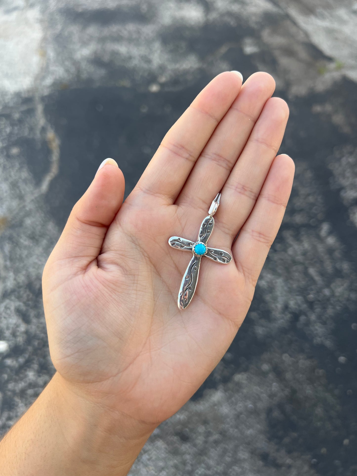 Genuine Turquoise Vine Stamped Sterling Silver Cross Pendant