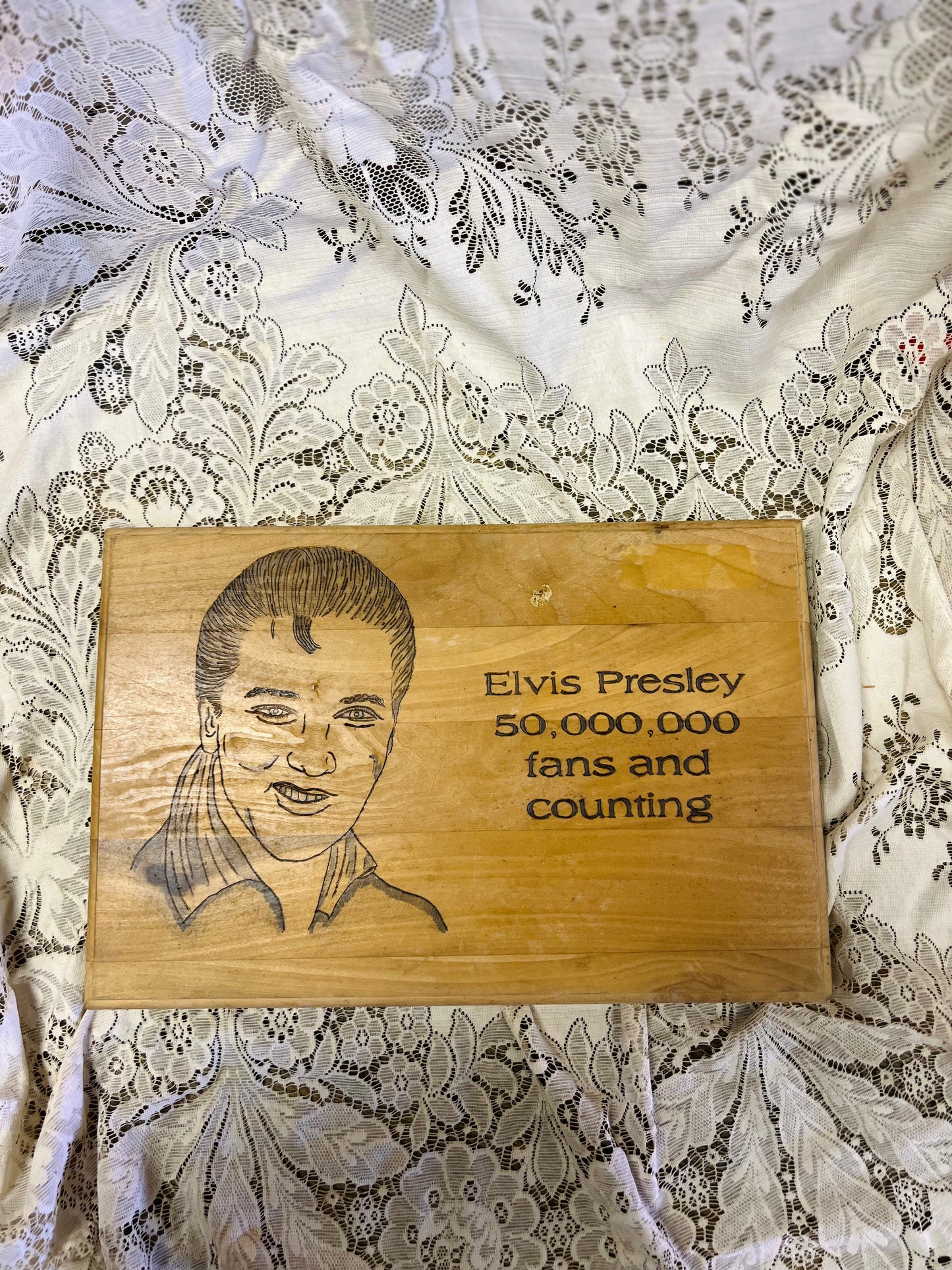 Handmade Wood Burned Elvis Presley Sign "50,000,000 Fans and Counting"