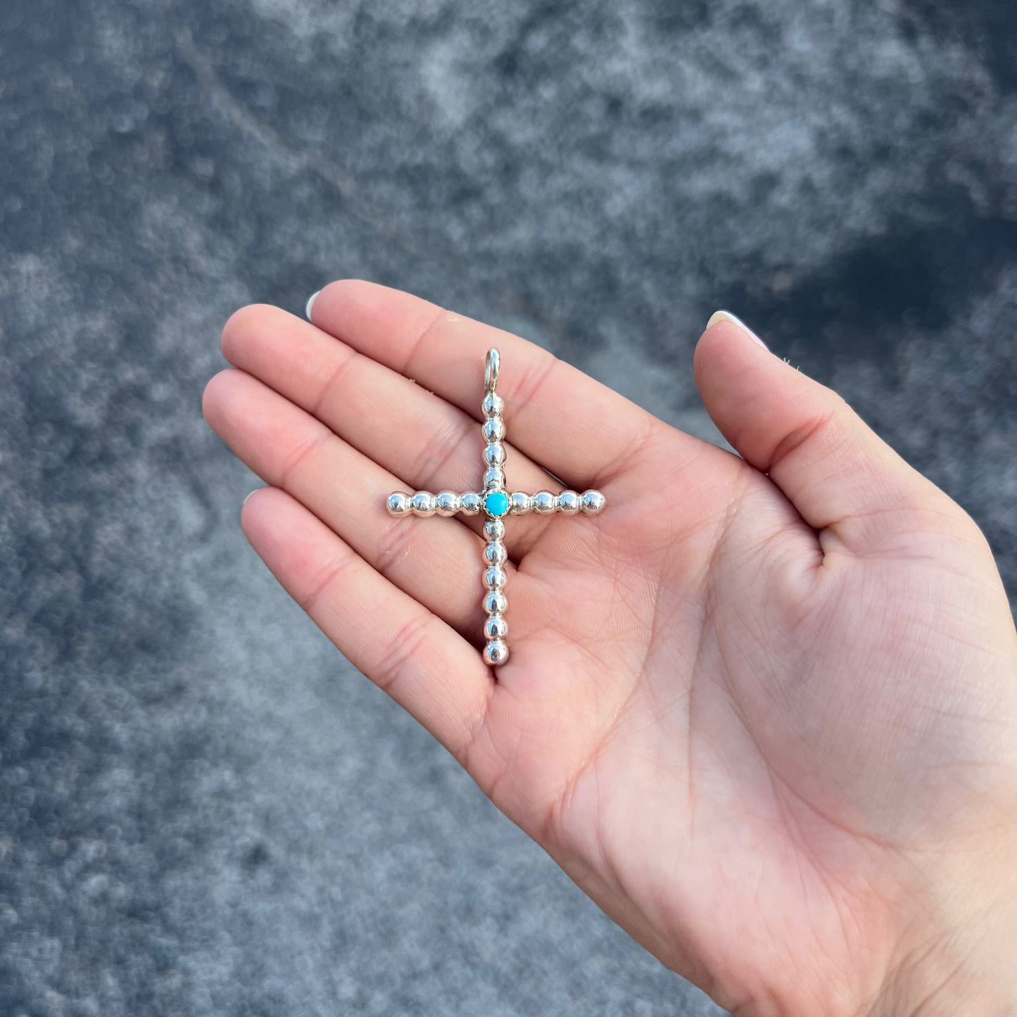 Navajo Pearls Sterling Silver Cross Pendant with Genuine Turquoise Stone