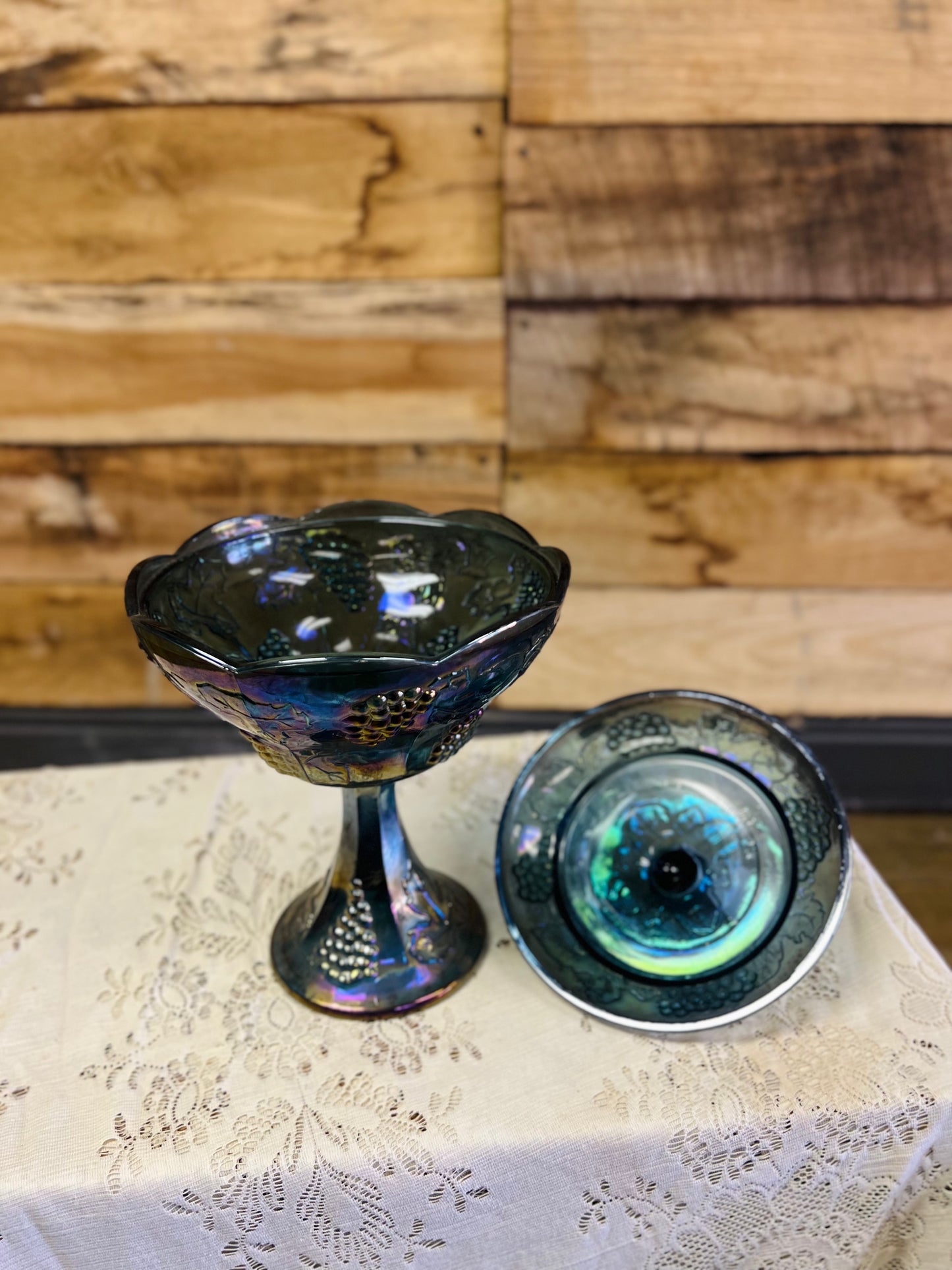 Vintage Blue Carnival Glass Harvest Grape Compote Pedestal Dish with Lid