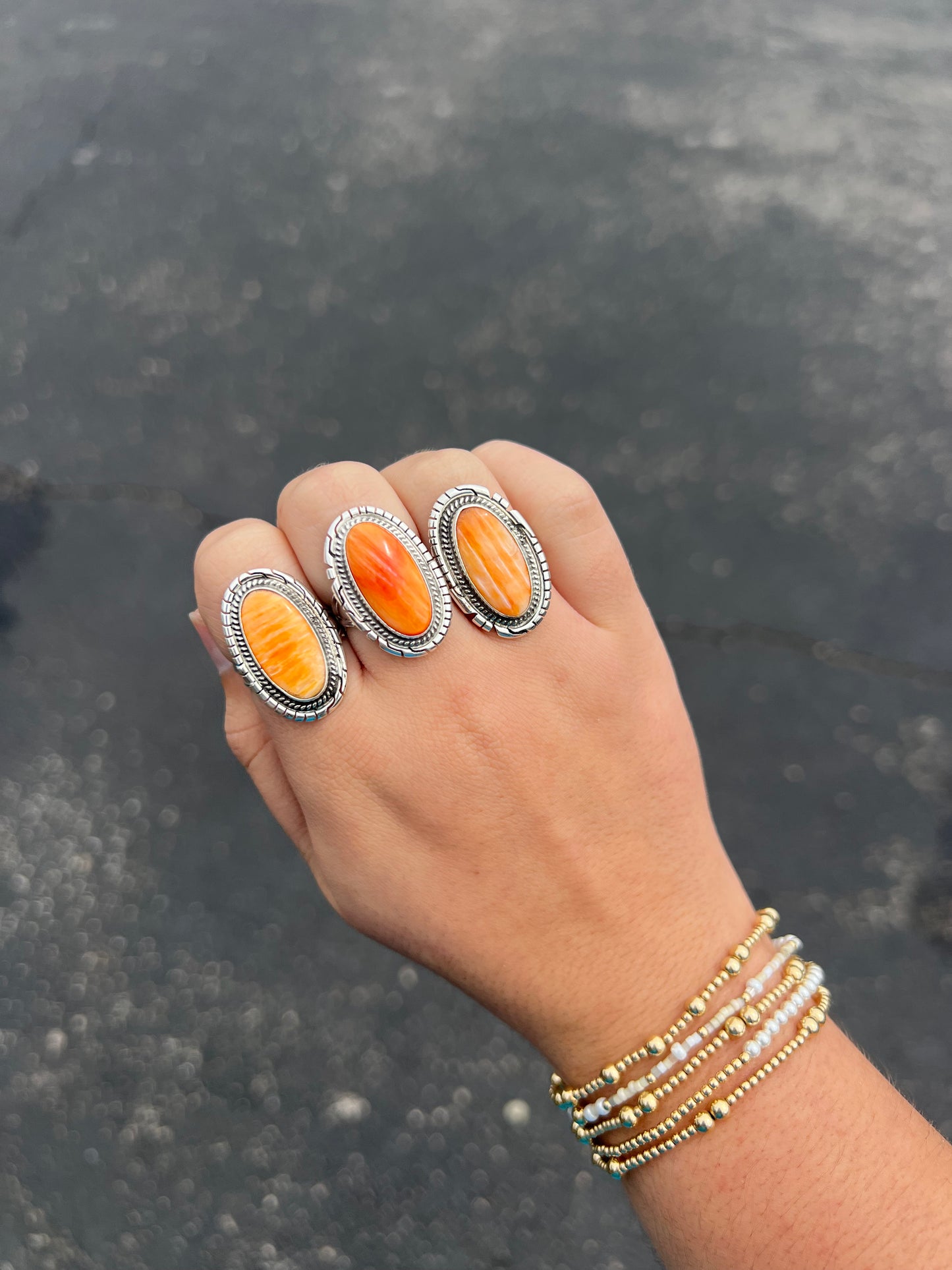 Orange Spiny Oyster Oval Sterling Silver Statement Ring