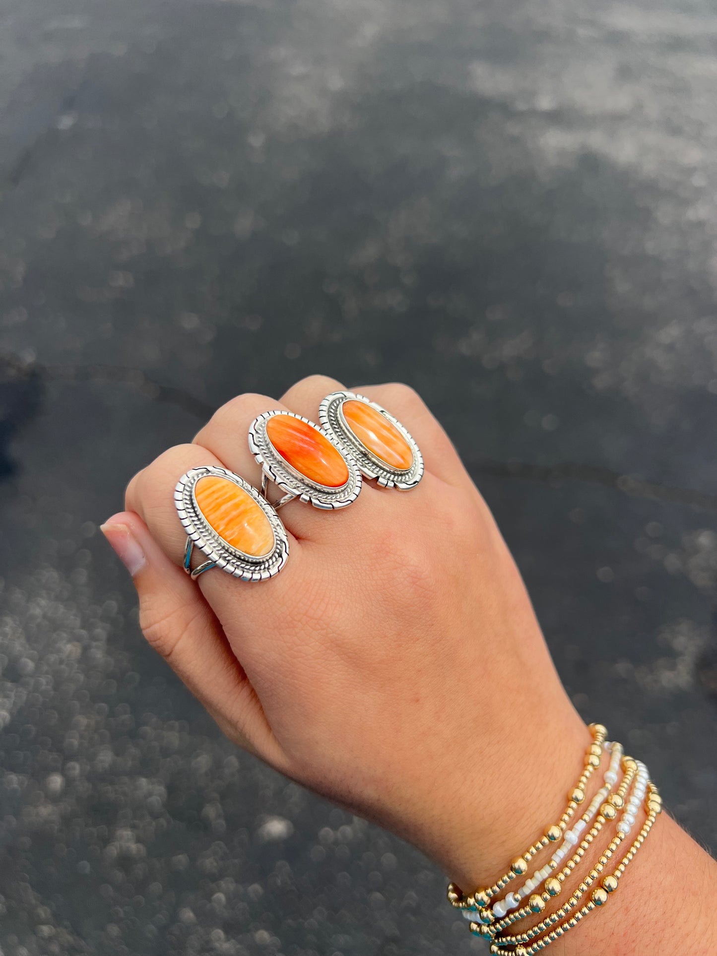 Orange Spiny Oyster Oval Sterling Silver Statement Ring