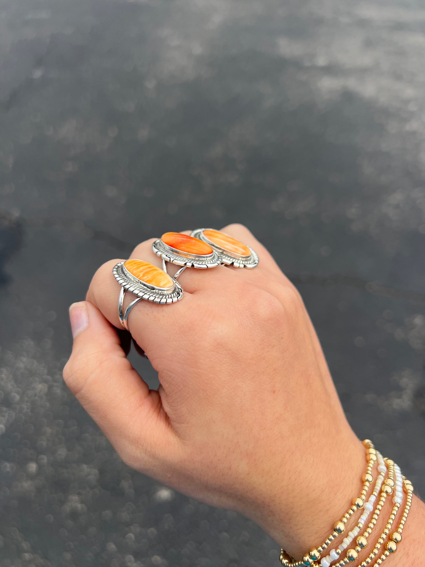 Orange Spiny Oyster Oval Sterling Silver Statement Ring