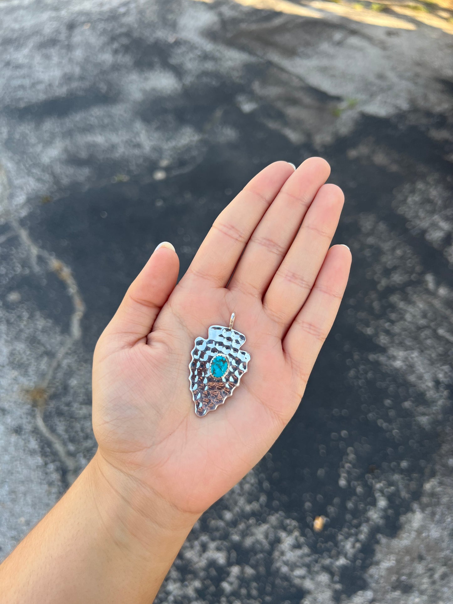 Large Sterling Silver Arrowhead Pendant with Genuine Turquoise Stone
