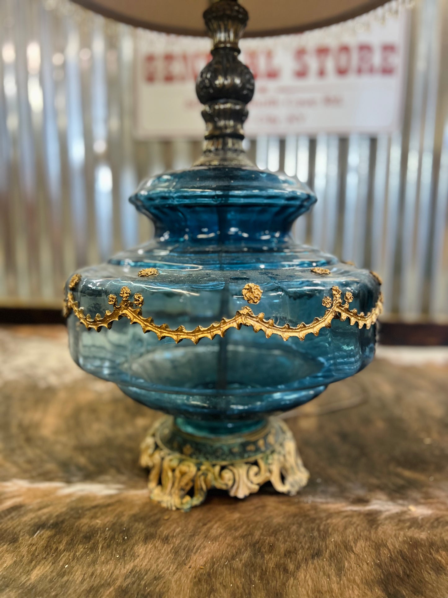 Vintage Beautiful Blue Accurate Casting Co Base Lamp with Shade