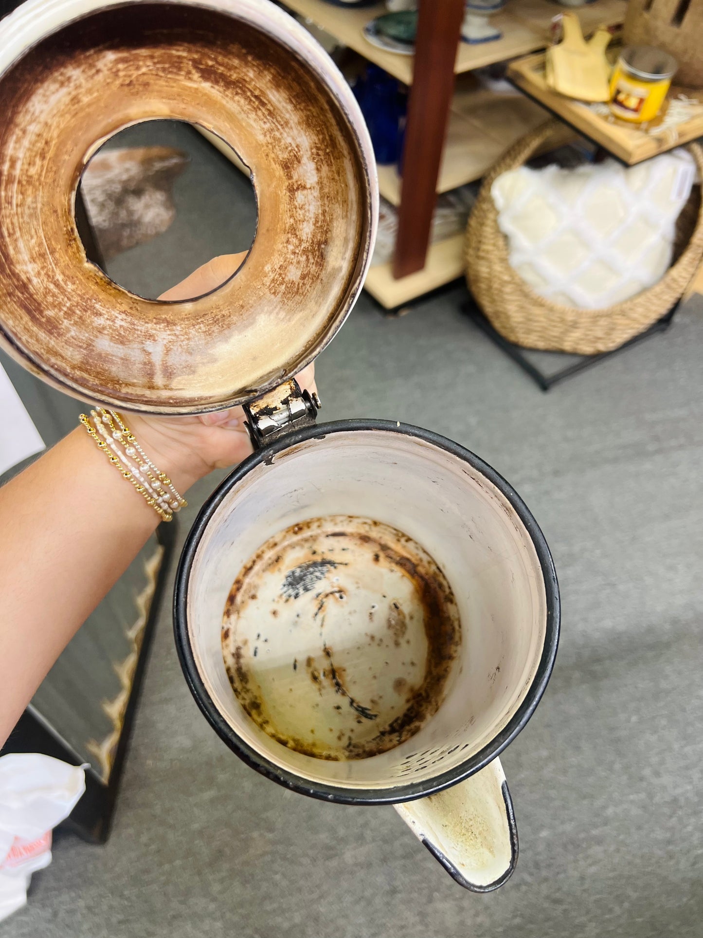 Vintage Enamel Coffee Pot Black and white