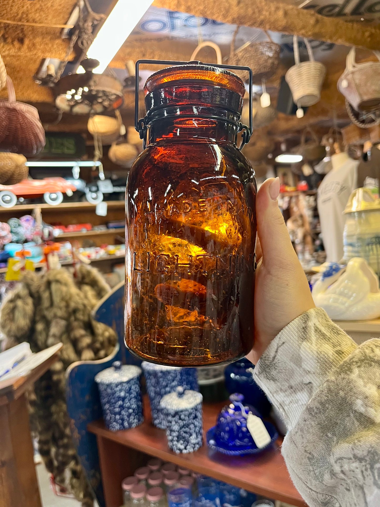 Vintage "Trade Mark Lightning" Amber Fruit Jar