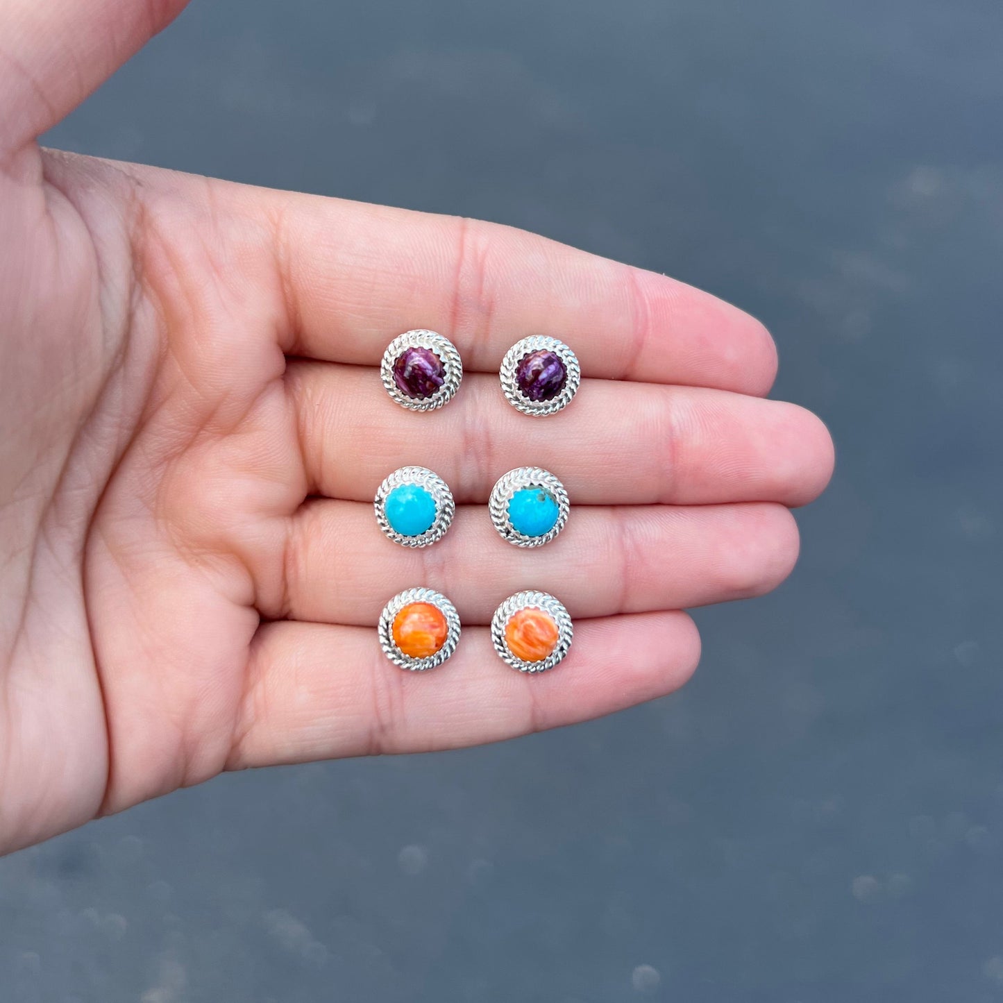 Authentic Round Turquoise, Spiny Oyster, Lapis Studs