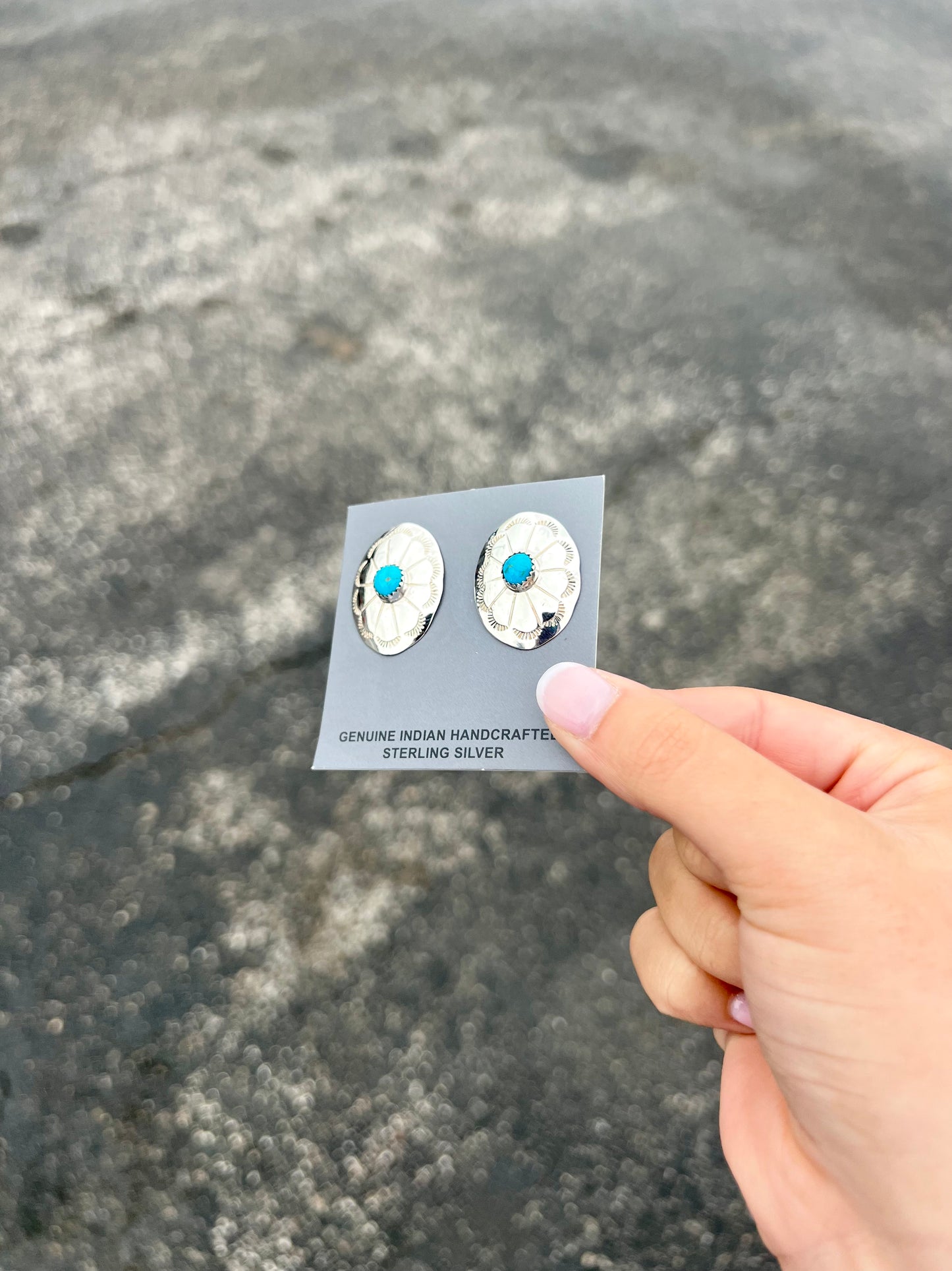 Genuine Turquoise Sterling Silver Oval Concho Earrings