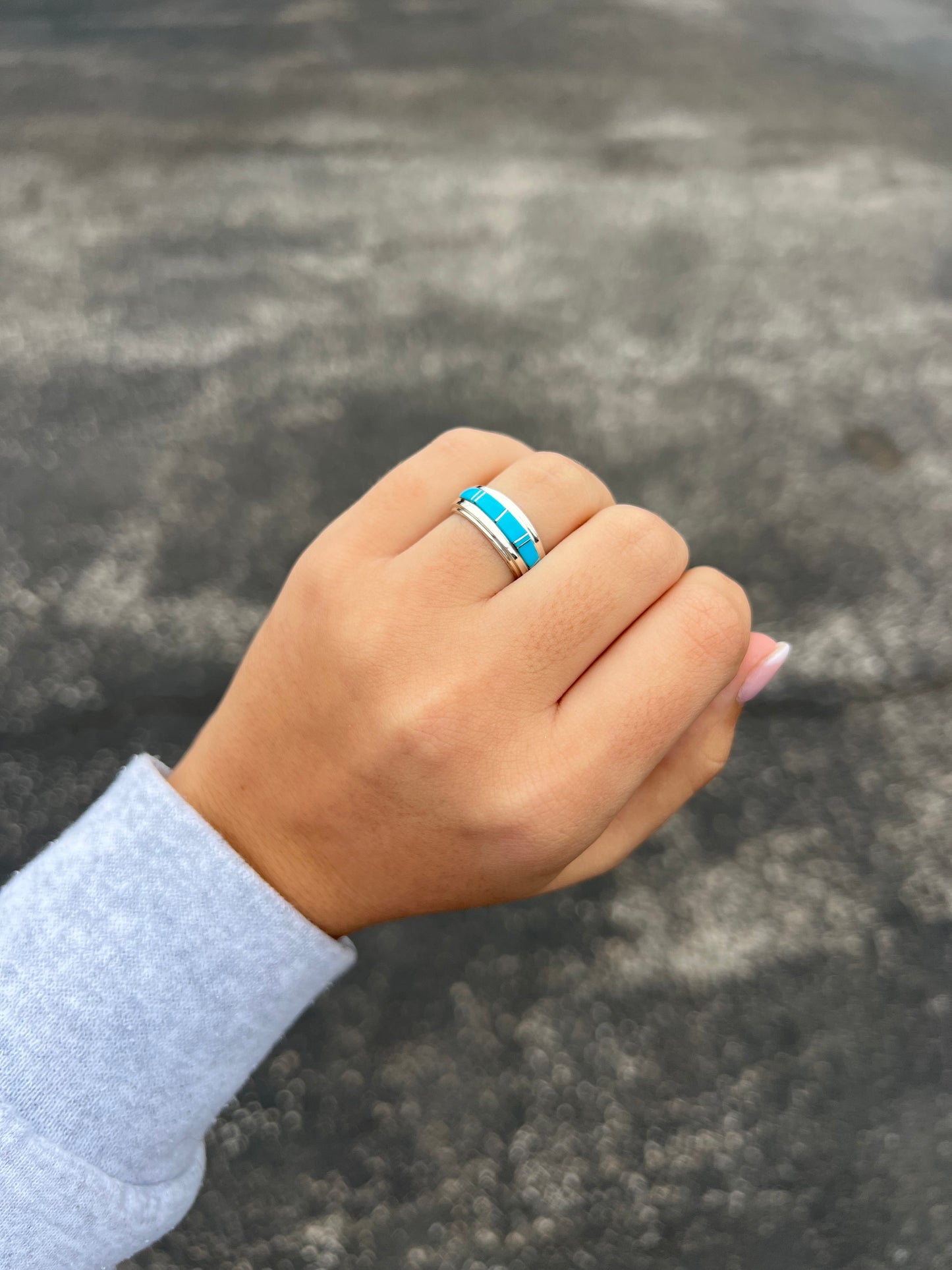 Genuine Turquoise Sterling Silver Divider Band Ring - Ladies