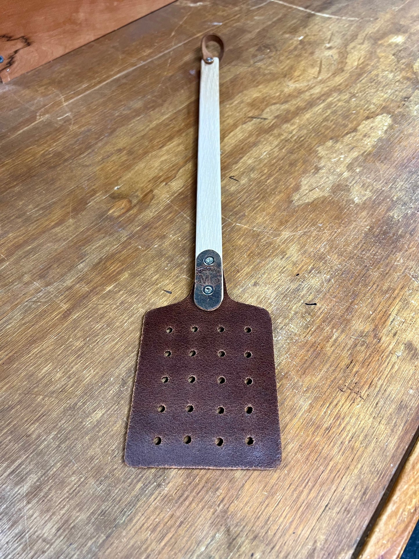 Local Amish Made Genuine Leather Fly Swatter with Wood Handle - Plain