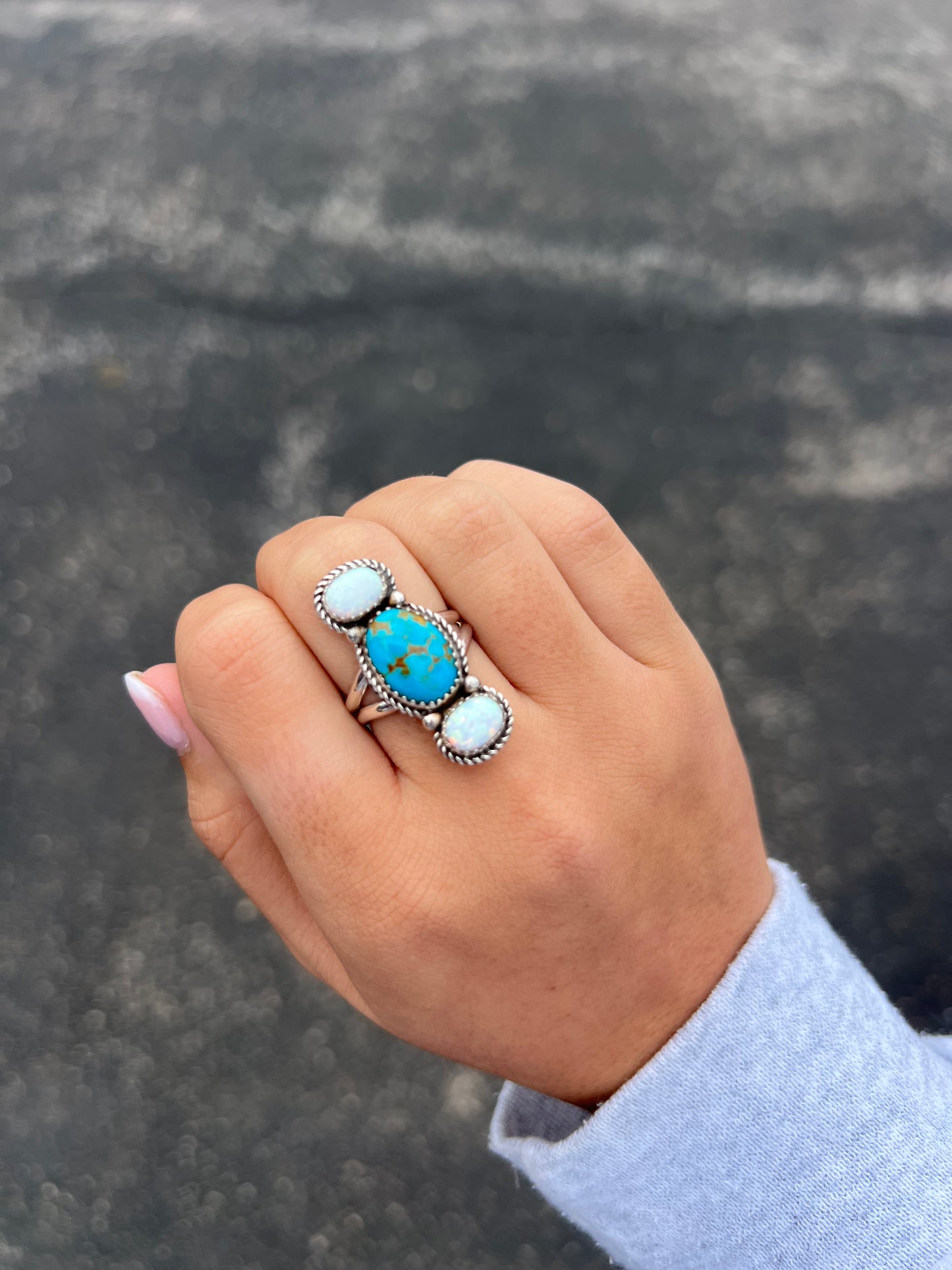 Opal & Sonoran Turquoise 3 Stone Sterling Silver Ring