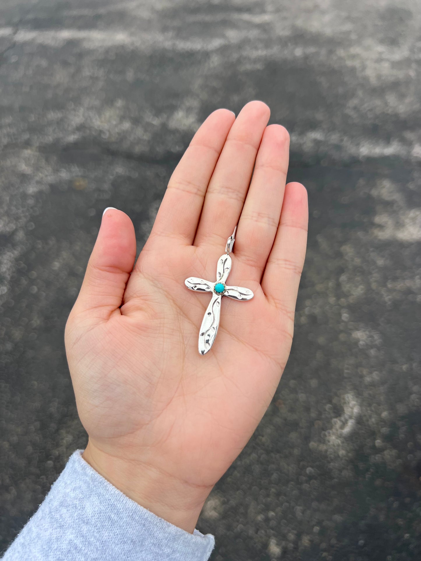 Genuine Turquoise Vine Stamped Sterling Silver Cross Pendant