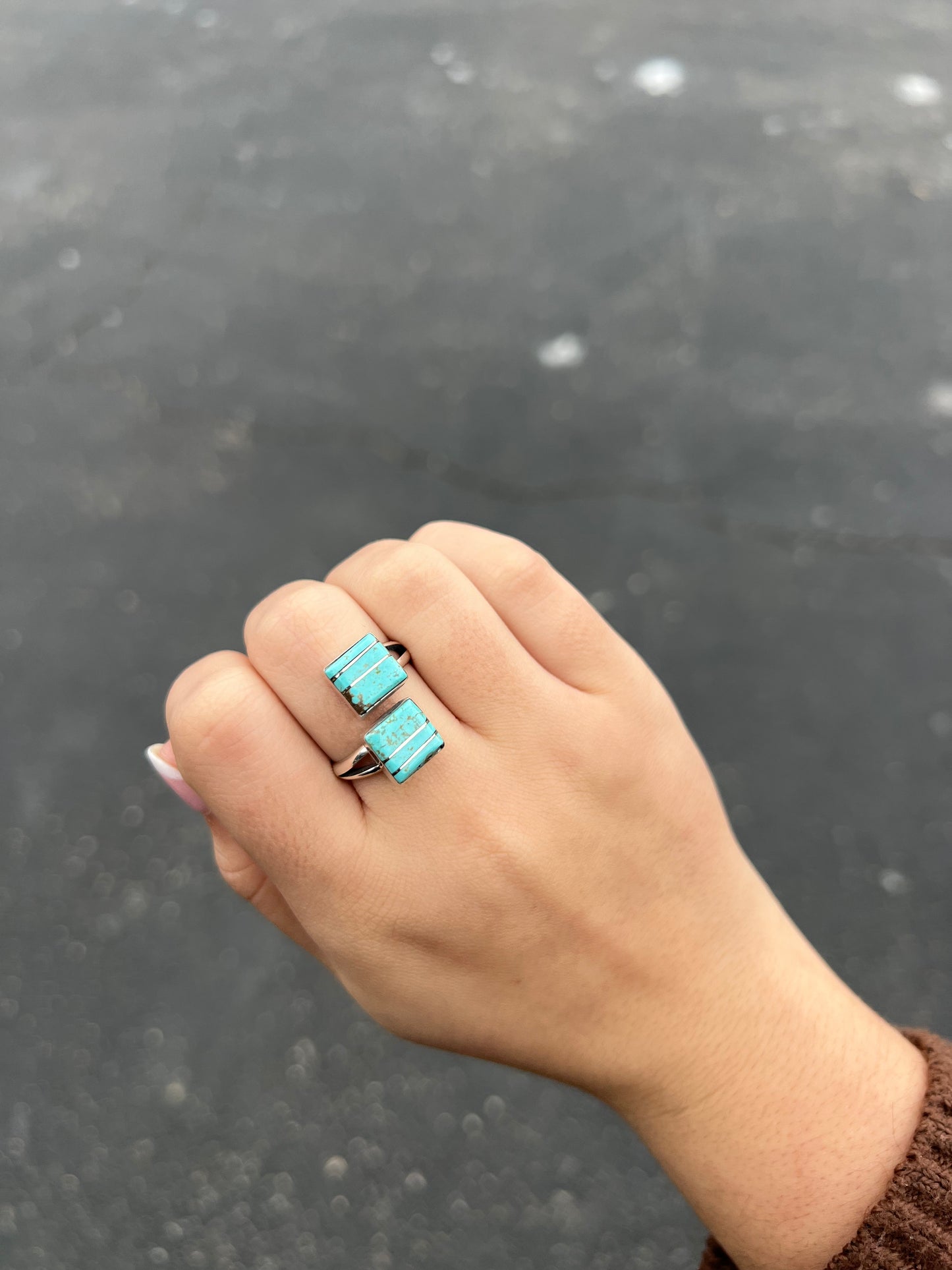 Genuine Turquoise Square Inlay Wrap Ring Sterling Silver
