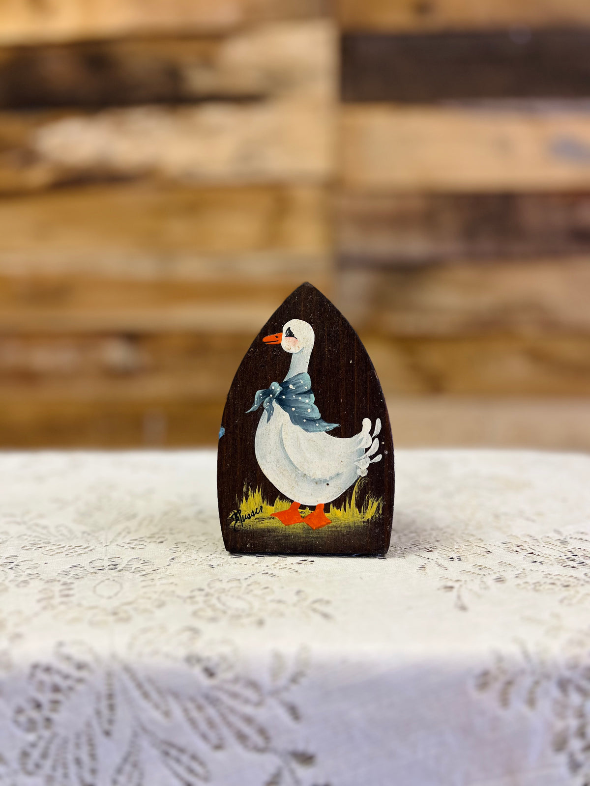 Vintage Wooden Iron Note Holder Goose Painting