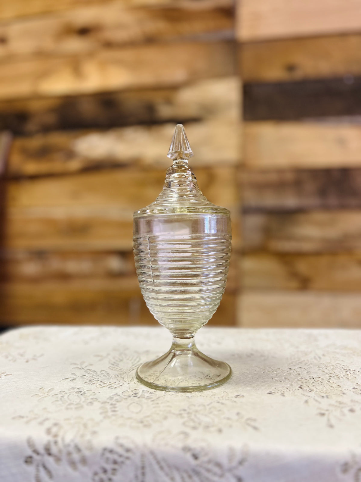 Vintage Anchor Hocking Glass Ringed Pedestal Dish with Lid