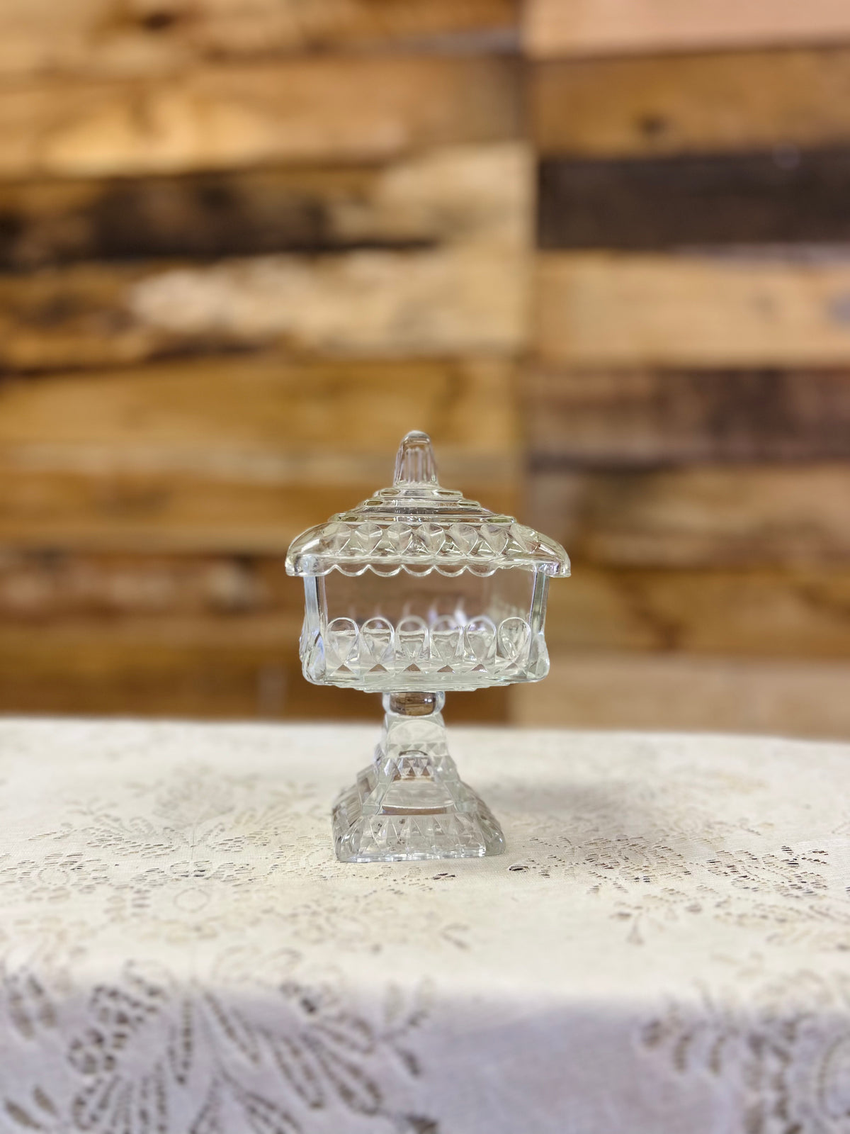 Vintage Clear Glass Pedestal Dish with Lid