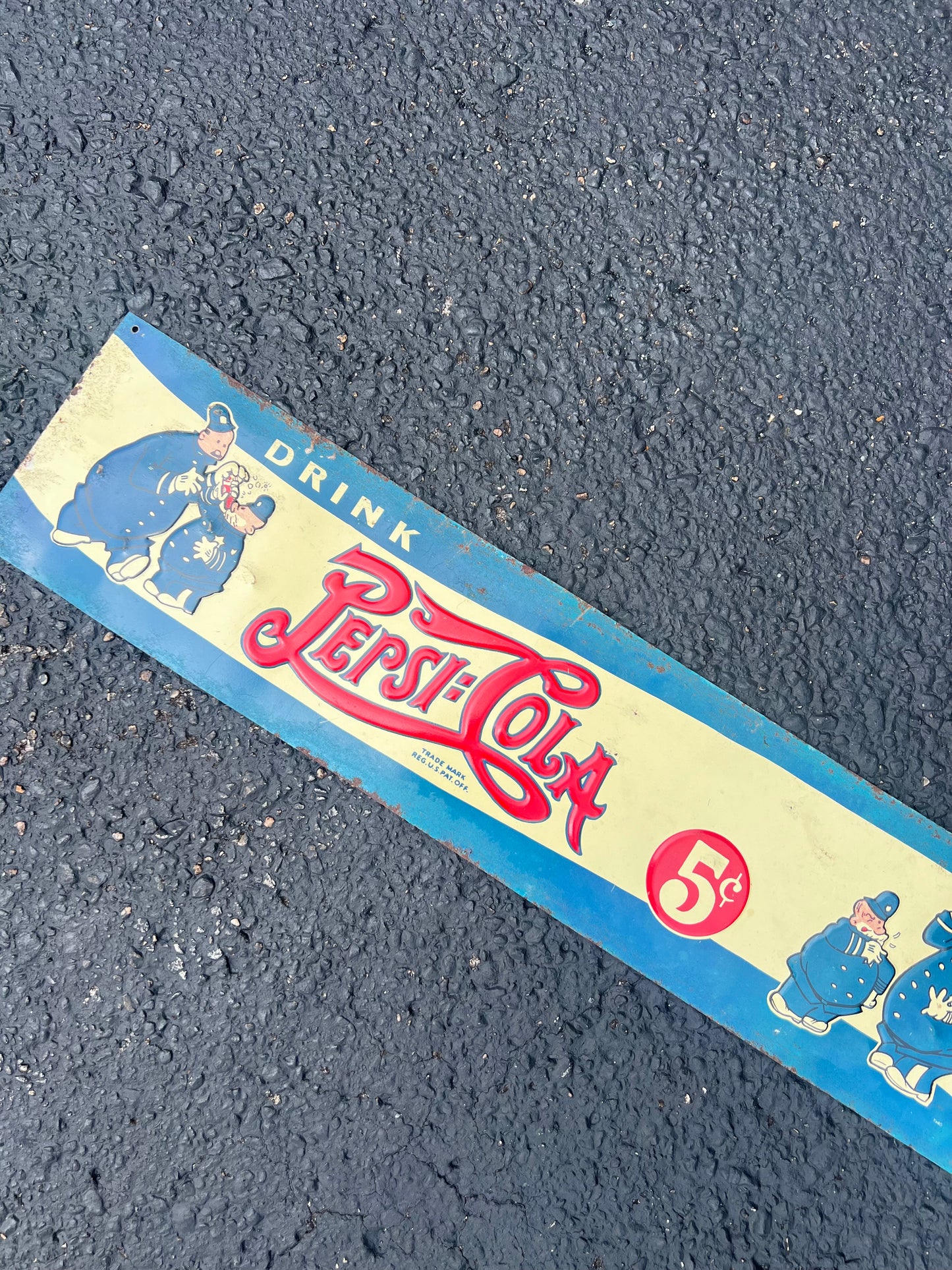 Vintage 1940s Cops Embossed Drink Pepsi Cola 5 Cents Tin Metal Sign Double Dot