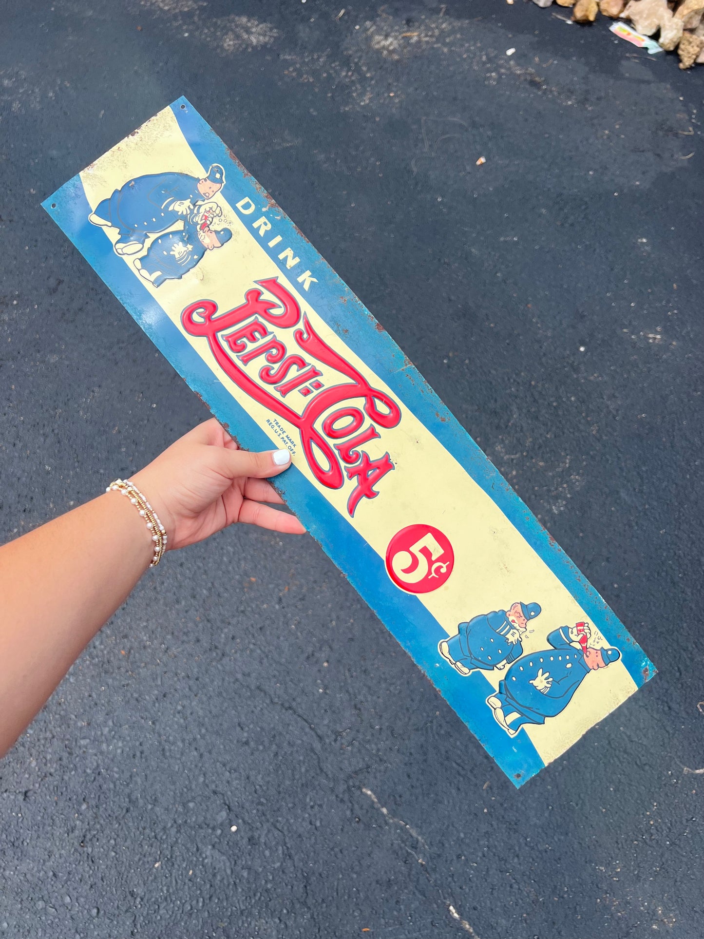 Vintage 1940s Cops Embossed Drink Pepsi Cola 5 Cents Tin Metal Sign Double Dot