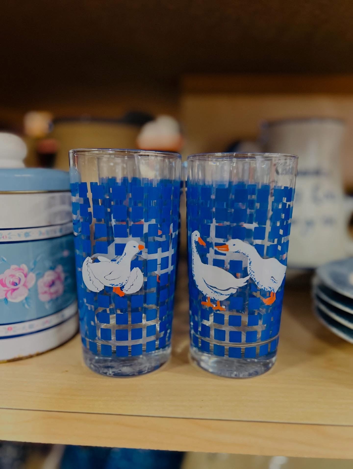 Vintage 1982 Carlton Goose Blue Checker Glass Cups - Set of 6