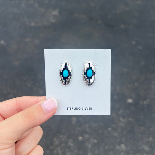Genuine Kingman Turquoise Blessing Design Shadowbox Sterling Silver Earrings