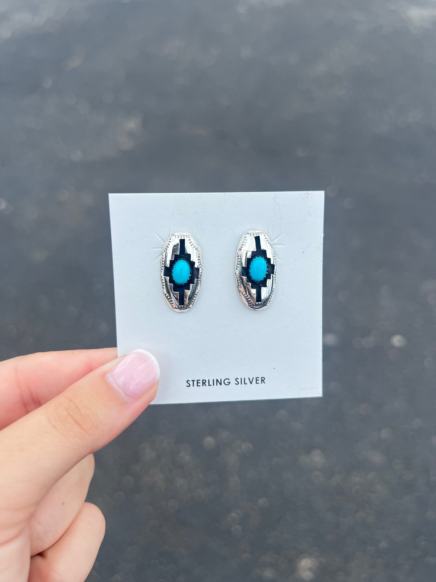 Genuine Kingman Turquoise Blessing Design Shadowbox Sterling Silver Earrings