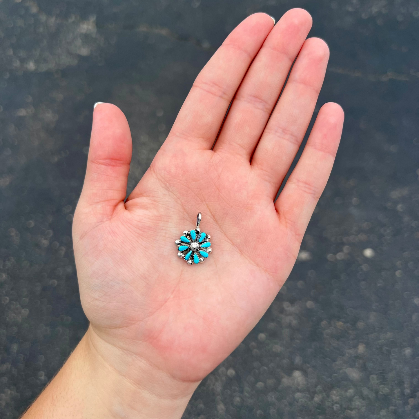 Genuine Turquoise Sterling Silver Petti Point Flower Cluster Pendant