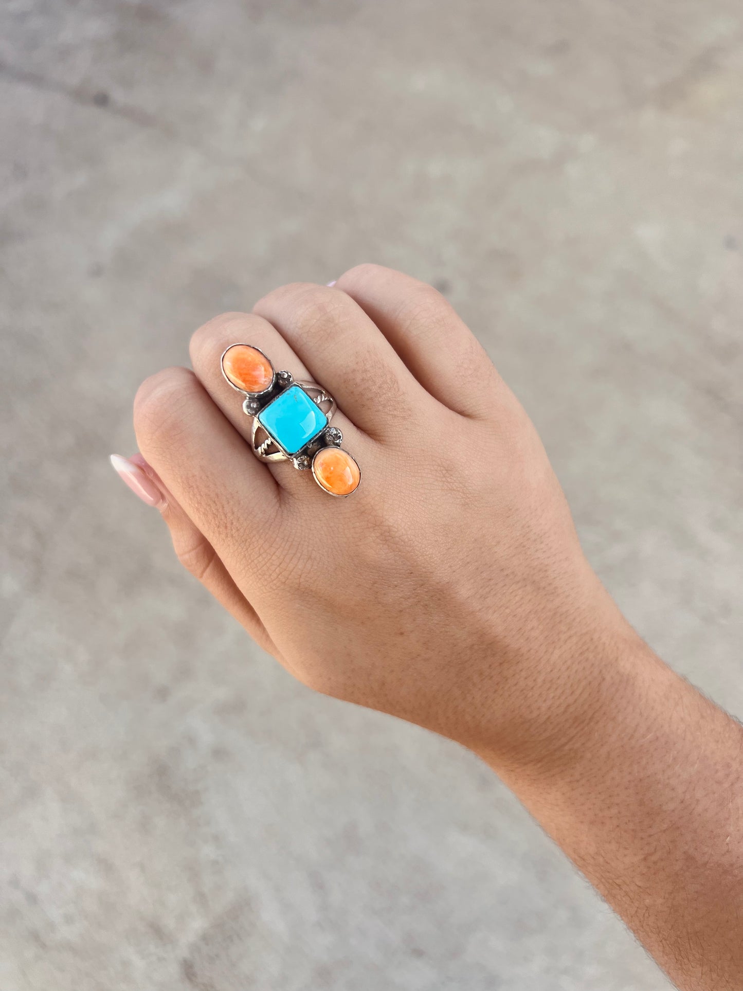 Genuine Turquoise & Spiny Oyster Sterling Silver 3 Stone Ring