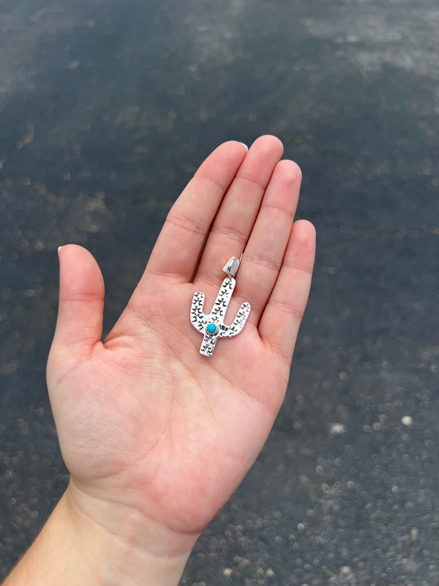 Genuine Kingman Turquoise Sterling Silver Cactus Pendant