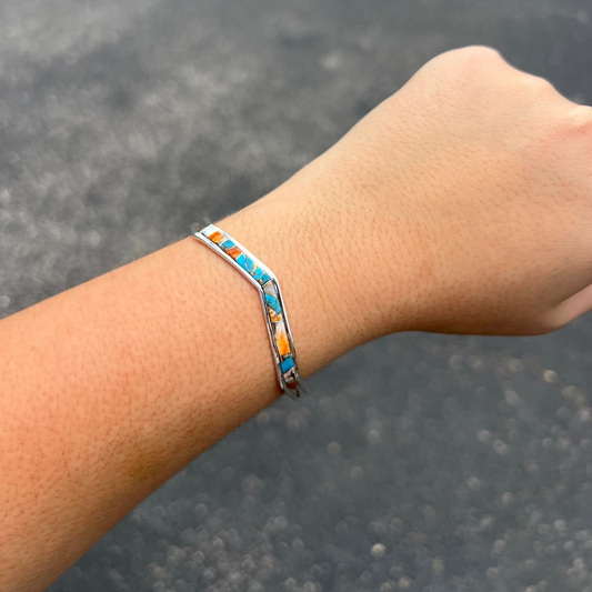 Genuine Turquoise, Spiny Oyster, Bronze Sterling Silver Inlay Cuff Bracelet