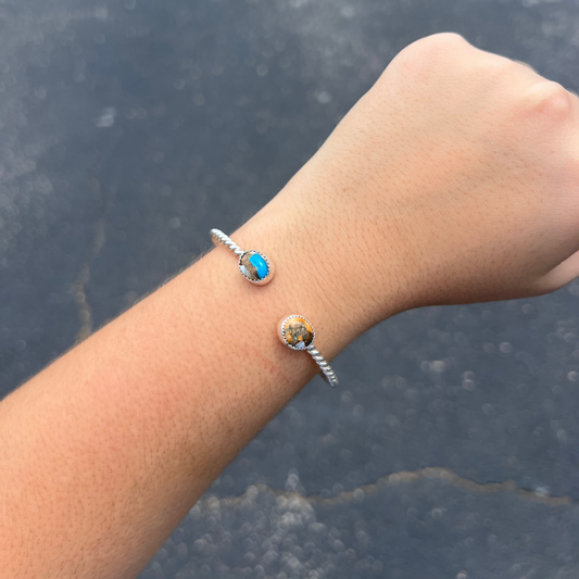 Authentic Turquoise and Spiny Oyster Two Stone Twisted Sterling Silver Cuff Bracelet