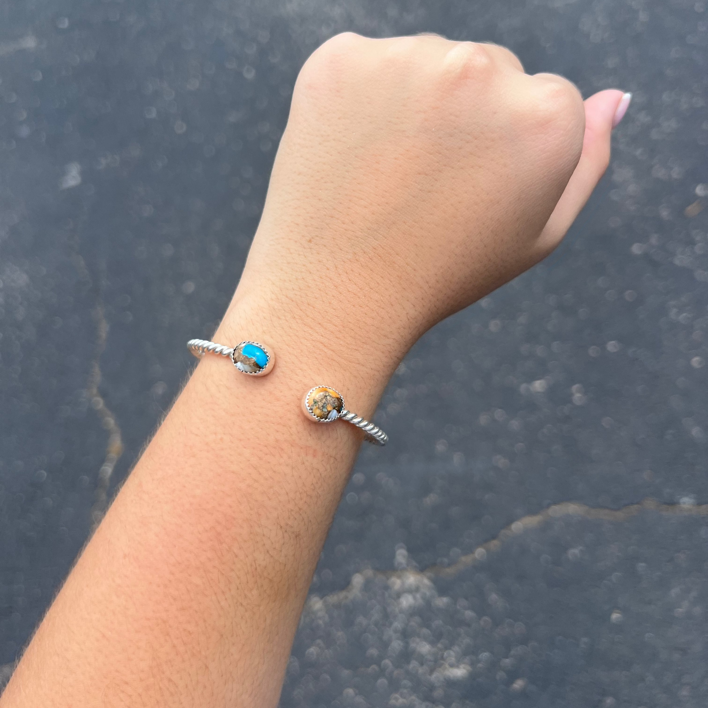 Authentic Turquoise and Spiny Oyster Two Stone Twisted Sterling Silver Cuff Bracelet