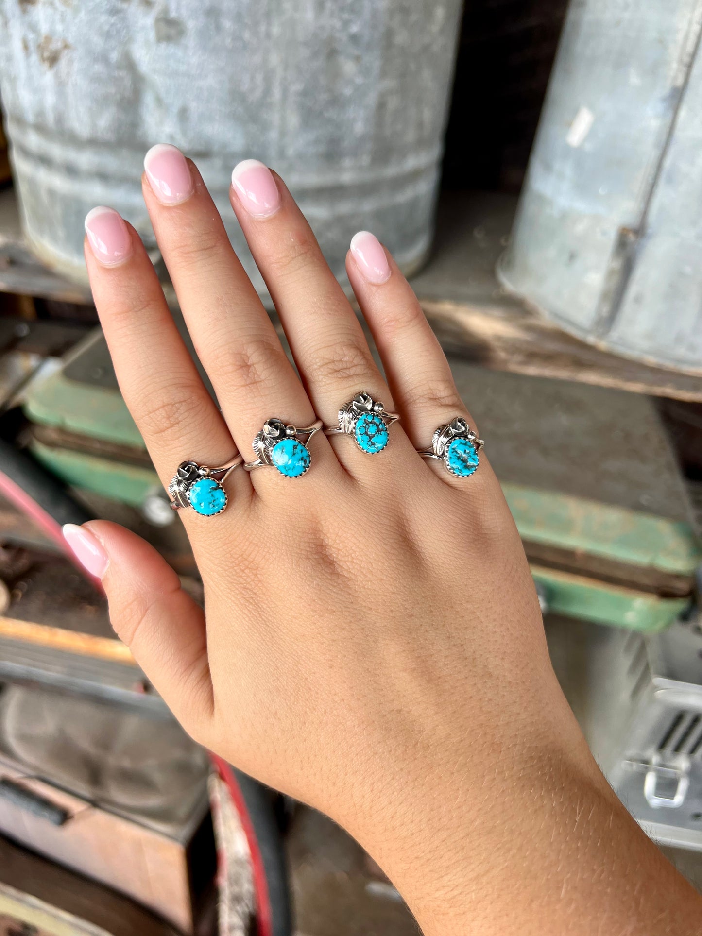 Genuine Kingman Turquoise Round Rose & Leaf Sterling Silver Ring