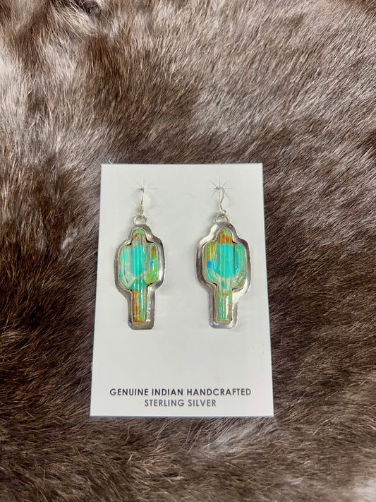 Genuine Turquoise Cactus Inlay Earrings