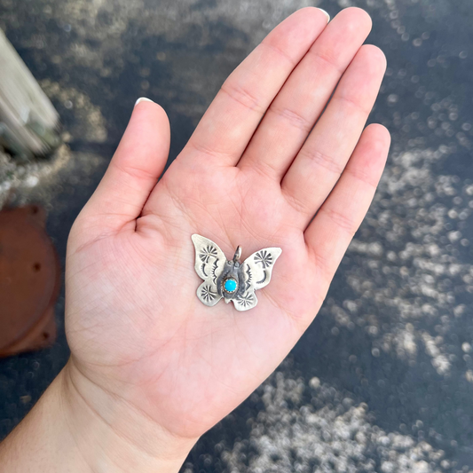 Sterling Silver Stamped Butterfly Genuine Turquoise Stone Pendant