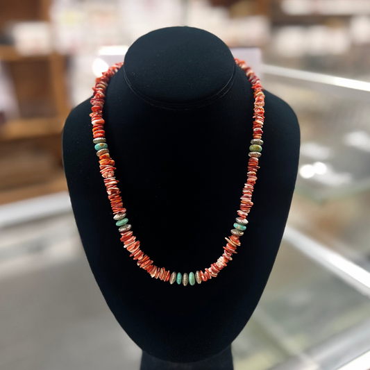 Genuine Turquoise and Spiny Oyster Sterling Silver Necklace