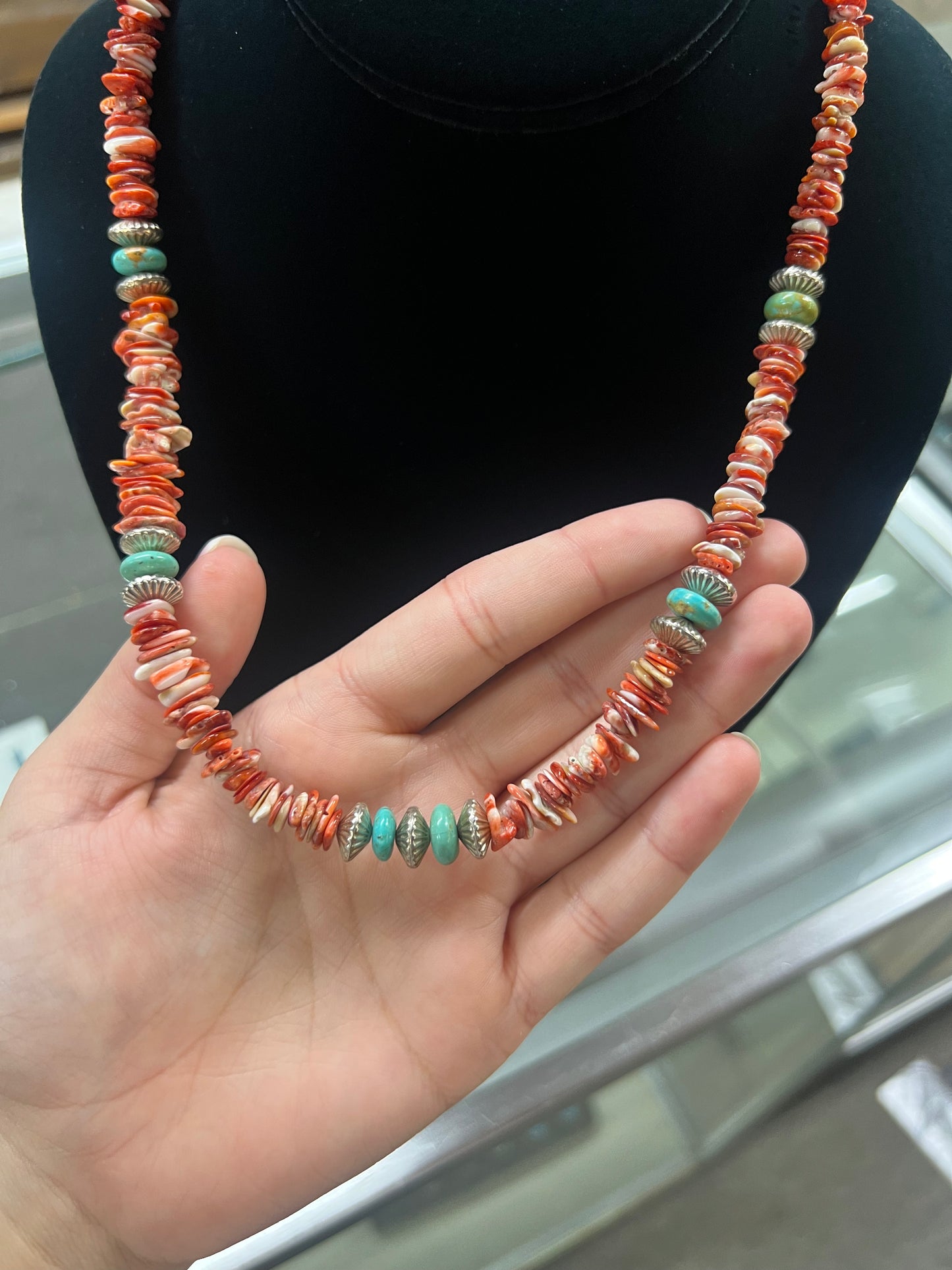 Genuine Turquoise and Spiny Oyster Sterling Silver Necklace