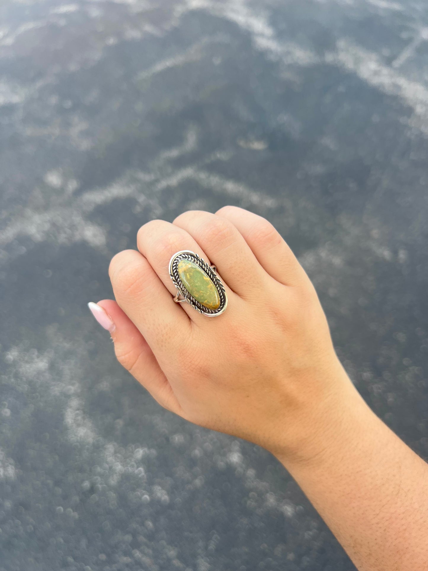 Oval Kingman Turquoise Ring with Stamped Border